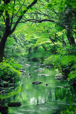 春夏森林小溪流绿意盎然植物立夏大暑处暑摄影图