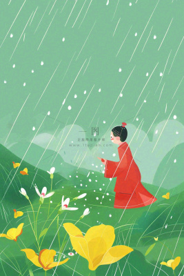 春天梅雨季红衣服人物插画花朵花丛绿草坪雨水谷雨春分插画卡通背景
