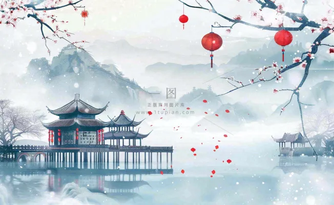 冬天雪景江南风景梅花枝头凉亭红灯笼寒露小雪冬至立冬卡通插画背景 冬天雪景江南风景梅花枝头凉亭红灯笼寒露小雪冬至立冬卡通插画背景