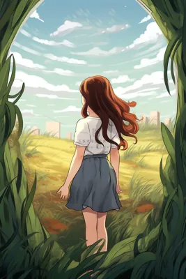 少女在绿叶藤蔓围绕的草丛里卡通插画素材