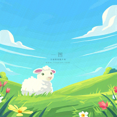 春天清新蓝天白云草地绵羊花朵扁平插画手绘 春天清新蓝天白云草地绵羊花朵扁平插画手绘