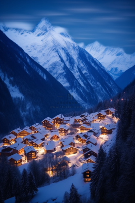 雪山下的小镇灯火通明摄影图
