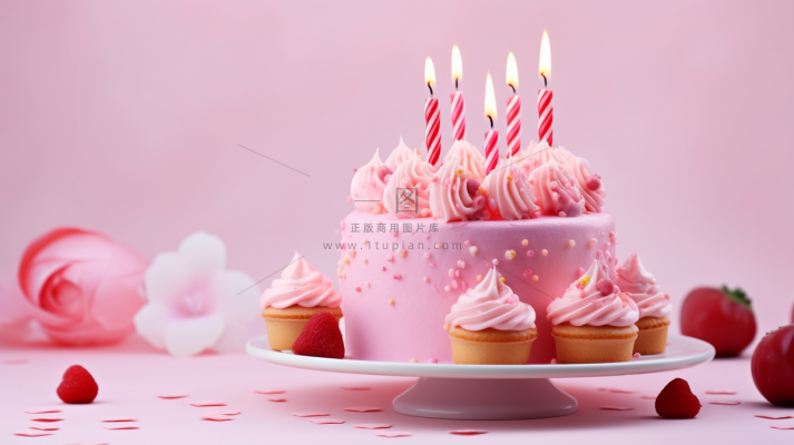 粉色生日蛋糕梦幻甜点摄影图