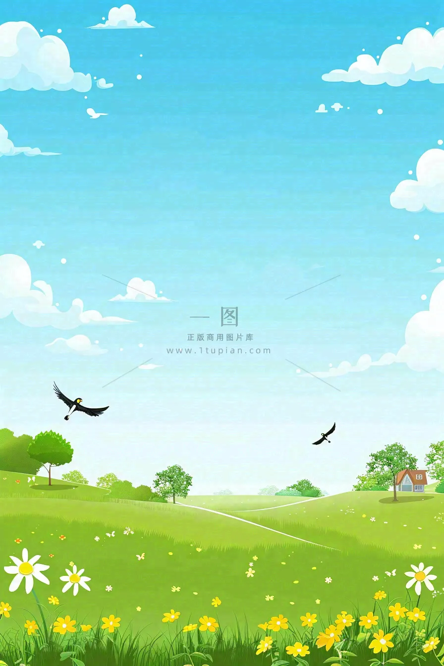 春天绿草地蓝天白云立春春分惊蛰小满卡通插画背景