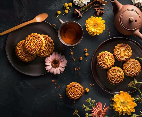 中秋美食月饼中国传统糕点摆盘装饰泡茶摄影图