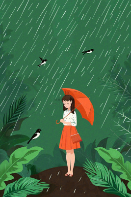 春天梅雨季红色女孩打雨伞户外绿色植物雨水谷雨卡通插画背景
