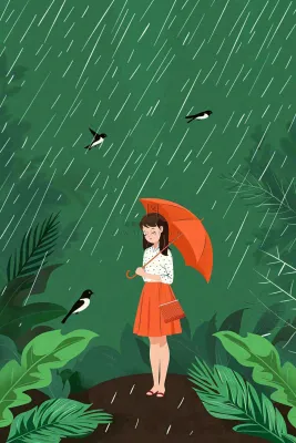 春天梅雨季红色女孩打雨伞户外绿色植物雨水谷雨卡通插画背景