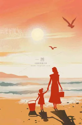 夕阳晚霞下的海洋沙滩亲子散步母亲节插画背景 夕阳晚霞下的海洋沙滩亲子散步母亲节插画背景