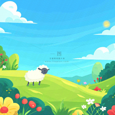 春天清新蓝天白云草地绵羊花朵扁平插画手绘 春天清新蓝天白云草地绵羊花朵扁平插画手绘