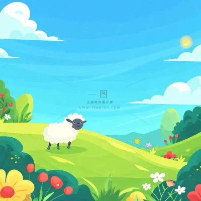 春天清新蓝天白云草地绵羊花朵扁平插画手绘 春天清新蓝天白云草地绵羊花朵扁平插画手绘