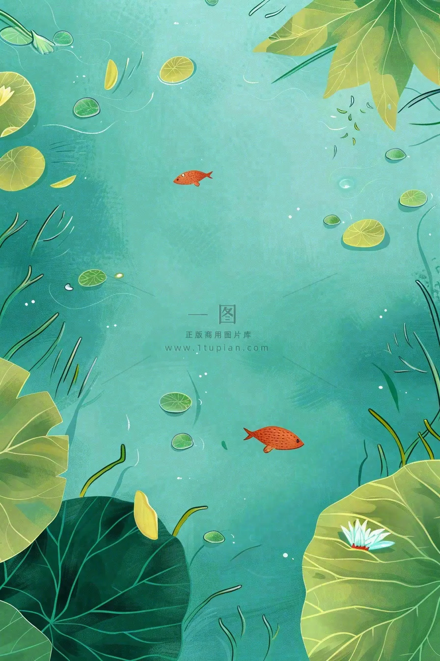 夏日池塘荷花睡莲水塘立夏小暑大暑处暑插画背景