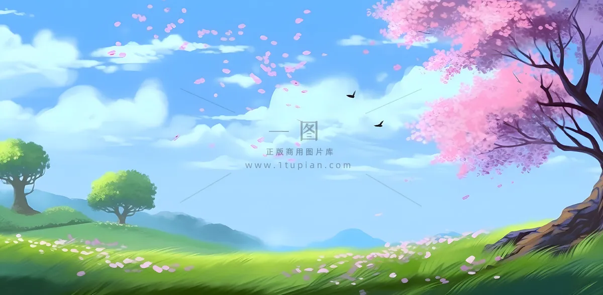 春天蓝天白云草原绿色树草地手绘插画海报素材背景