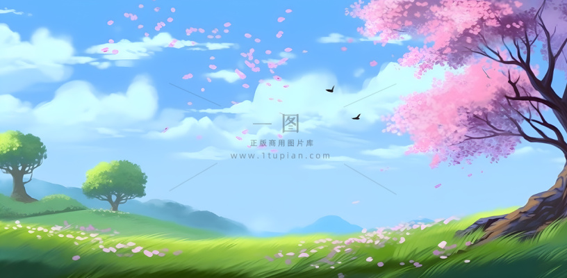 春天蓝天白云草原绿色树草地手绘插画海报素材背景 春天蓝天白云草原绿色树草地手绘插画海报素材背景