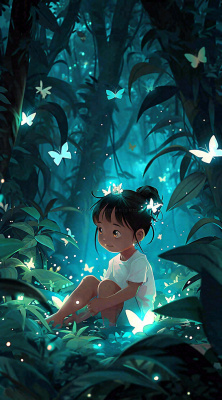森林意境儿童少女灯光蝴蝶手绘插画,丛林树木 森林意境儿童少女灯光蝴蝶手绘插画,丛林树木