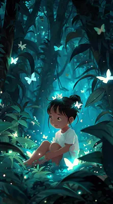 森林意境儿童少女灯光蝴蝶手绘插画,丛林树木 森林意境儿童少女灯光蝴蝶手绘插画,丛林树木