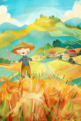 秋天农田丰收山村村庄稻草人水稻小麦立秋秋分芒种卡通插画背景 秋天农田丰收山村村庄稻草人水稻小麦立秋秋分芒种卡通插画背景