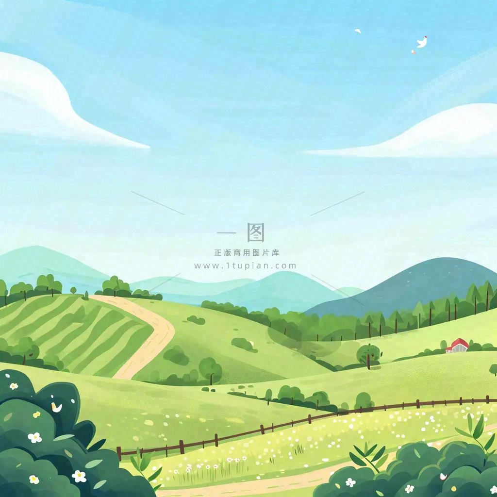 春天清新山脉田间草地绿植手绘插画