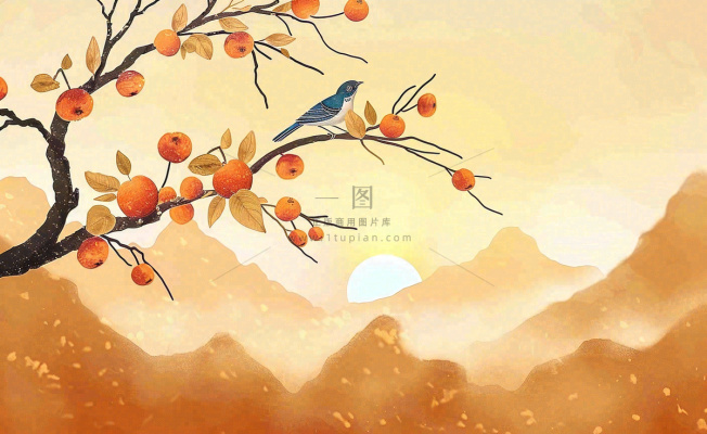 秋天柿子树枝条的小鸟夕阳西下日出金秋秋分立秋重阳插画背景
