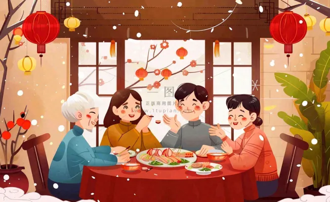新年春节除夕夜一家人团圆饭节日团聚温馨温暖卡通插画背景