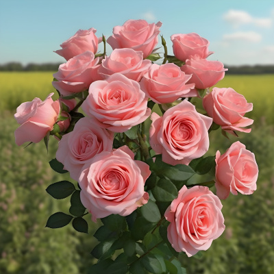 一束粉红色的玫瑰在郁郁葱葱的绿色田野上的数字渲染像素浪漫主义玫瑰背景美丽的背景玫瑰背景