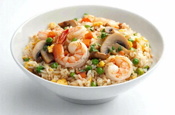 虾仁时蔬炒饭蘑菇美食摄影图