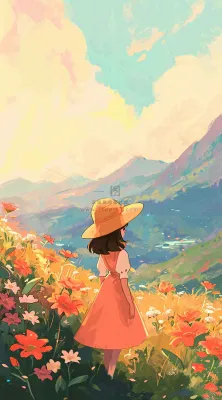 油画女孩春天踏青郊游山脉鲜花草地,春分,插画手绘 油画女孩春天踏青郊游山脉鲜花草地,春分,插画手绘