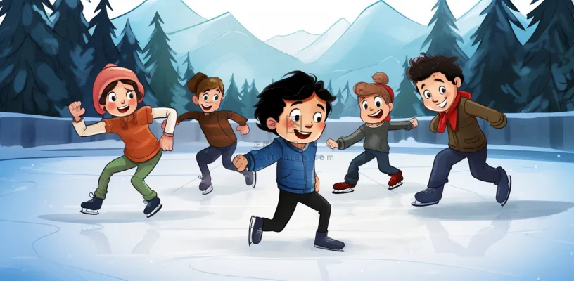 冬季在冰湖上滑冰的孩子儿童卡通插画背景 冬季在冰湖上滑冰的孩子儿童卡通插画背景