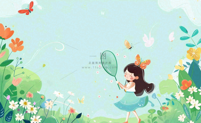 春天女孩在花丛里扑蝴蝶玩耍儿童节踏青春分插画背景