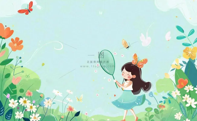 春天女孩在花丛里扑蝴蝶玩耍儿童节踏青春分插画背景