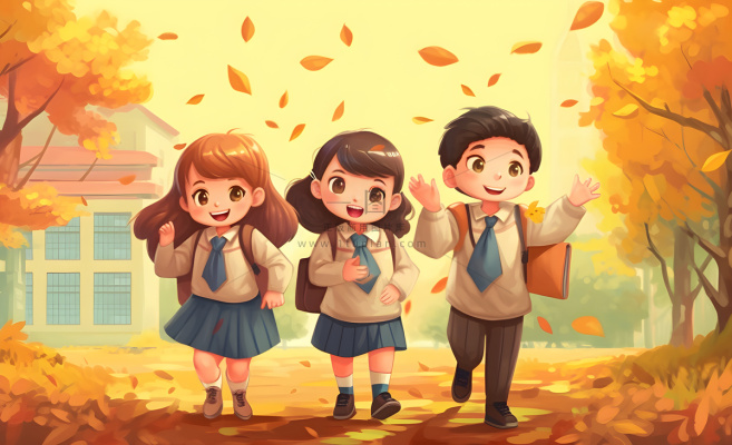 孩子们放学回家落叶欢乐卡通插画背景