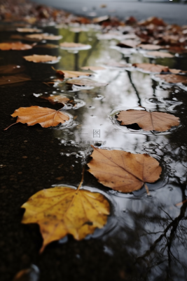 秋天雨天掉落地上的落叶黄叶摄影图