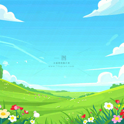 春天清新蓝天白云草地绵羊花朵扁平插画手绘 春天清新蓝天白云草地绵羊花朵扁平插画手绘