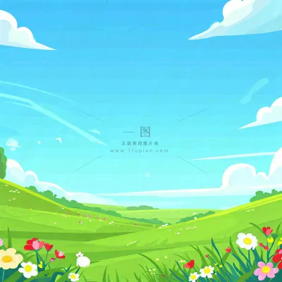 春天清新蓝天白云草地绵羊花朵扁平插画手绘 春天清新蓝天白云草地绵羊花朵扁平插画手绘