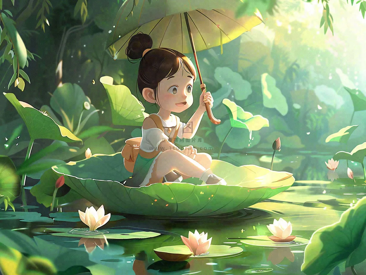 夏日清凉唯美荷花荷叶飘在水面孩童坐在荷叶上吃莲藕小暑立夏夏至大暑卡通插画处暑清凉背景