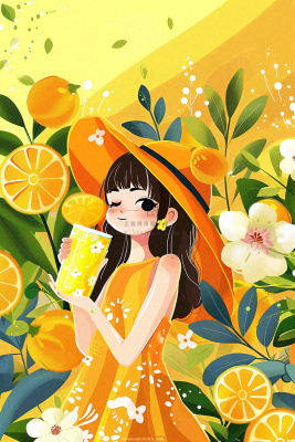 夏天喝橙汁的女孩橘黄色度假风鲜花花丛清凉解暑立夏大暑小暑夏至卡通插画背景 夏天喝橙汁的女孩橘黄色度假风鲜花花丛清凉解暑立夏大暑小暑夏至卡通插画背景