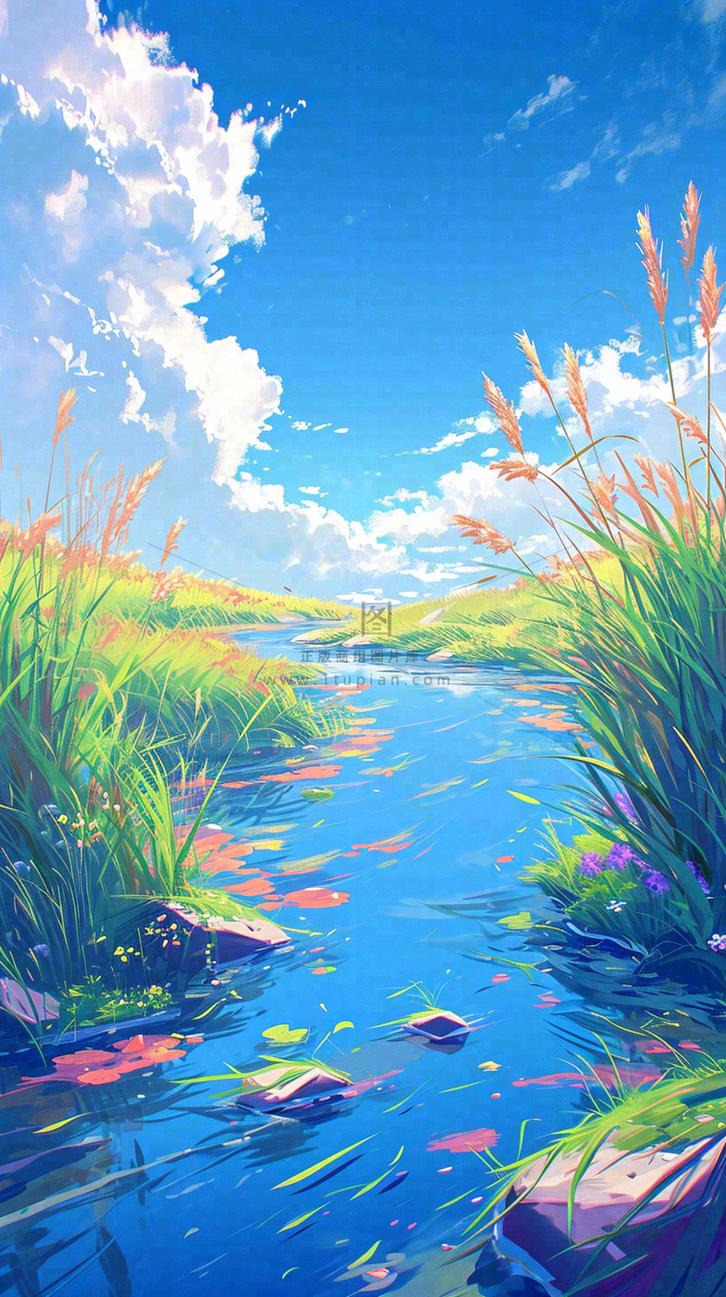 蓝天白云草地溪流春天阳光灿烂的日子春分春风,插画手绘