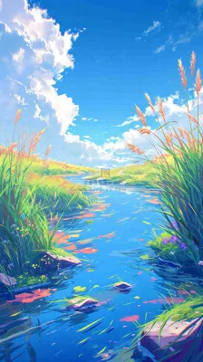 蓝天白云草地溪流春天阳光灿烂的日子春分春风,插画手绘 蓝天白云草地溪流春天阳光灿烂的日子春分春风,插画手绘