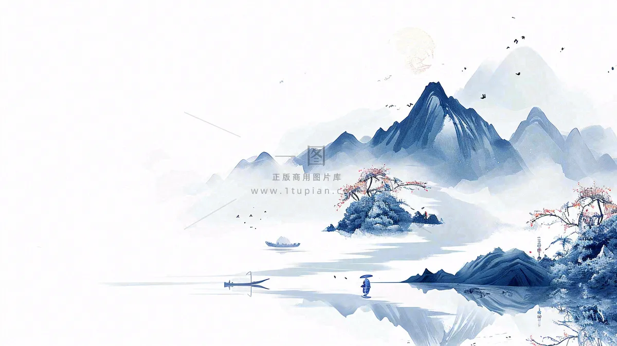 山水画简约白色河面插画手绘，中国风古风