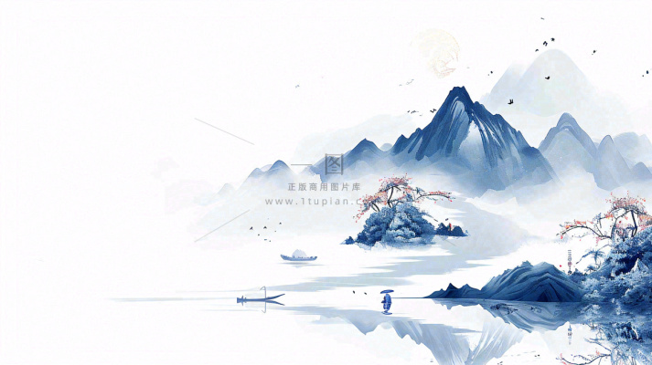 山水画简约白色河面插画手绘，中国风古风