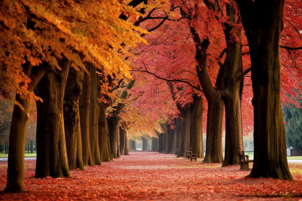 秋天红了的树和落叶铺满了道路摄影图