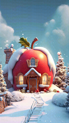 冬天苹果红色雪屋雪地雪花,圣诞节可爱卡通 冬天苹果红色雪屋雪地雪花,圣诞节可爱卡通