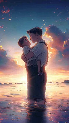 父爱父亲节海边落日温馨爱意浪漫插画