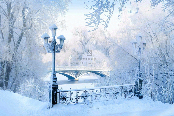 冬天白雪皑皑雪景河流街道路灯桥小雪大雪冬至雪花背景