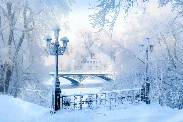 冬天白雪皑皑雪景河流街道路灯桥小雪大雪冬至雪花背景