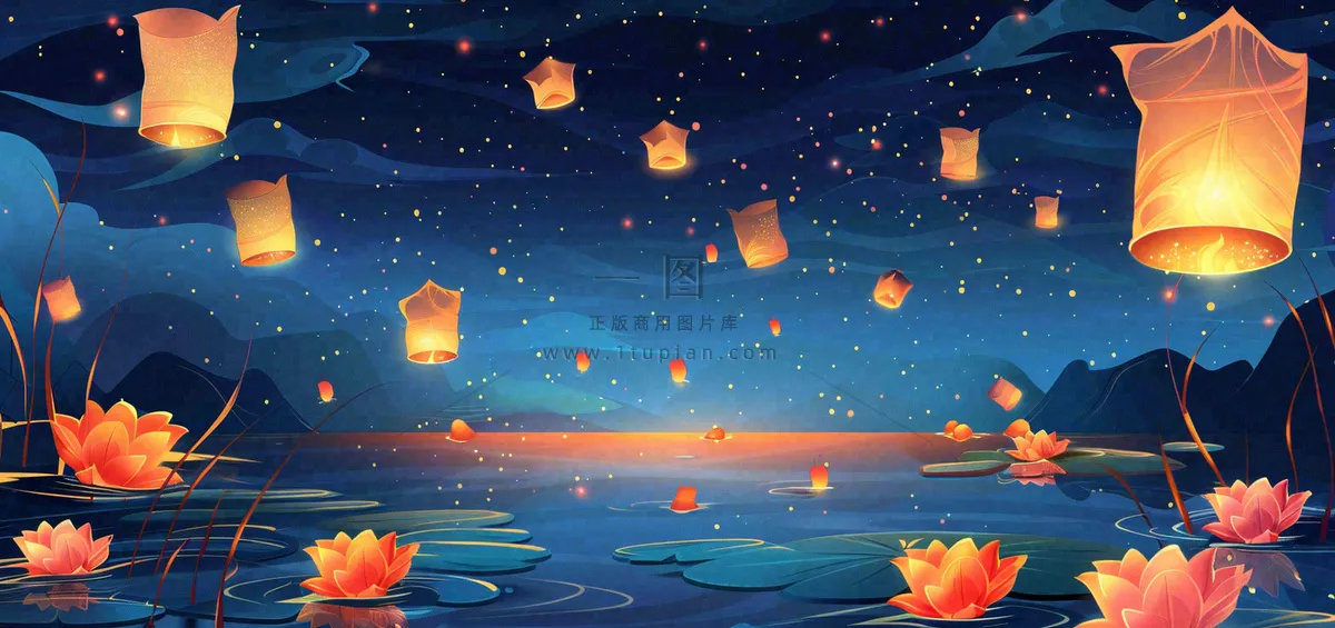 湖面花灯孔明灯风景夜晚荷花灯许愿灯放天灯中国风古风中元节寒衣节插画背景