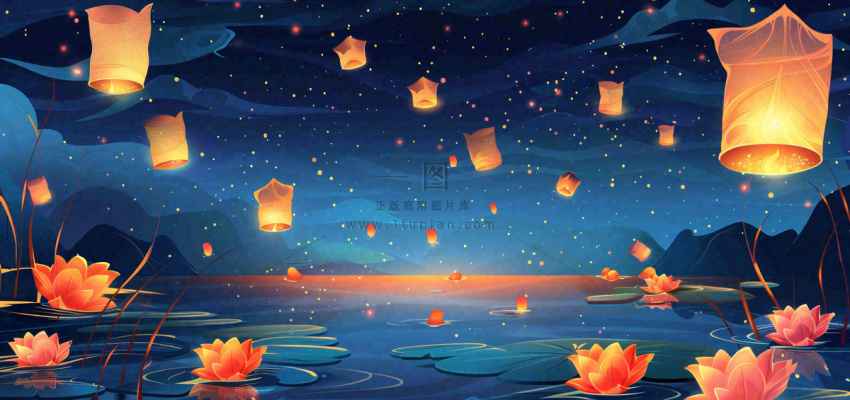湖面花灯孔明灯风景夜晚荷花灯许愿灯放天灯中国风古风中元节寒衣节插画背景 湖面花灯孔明灯风景夜晚荷花灯许愿灯放天灯中国风古风中元节寒衣节插画背景