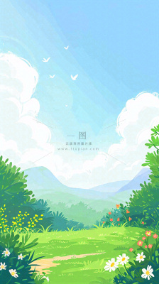 春天郊外露营旅行山脉蓝天白云草坪草地花丛，清新自然，惊蛰春分