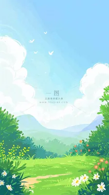 春天郊外露营旅行山脉蓝天白云草坪草地花丛，清新自然，惊蛰春分