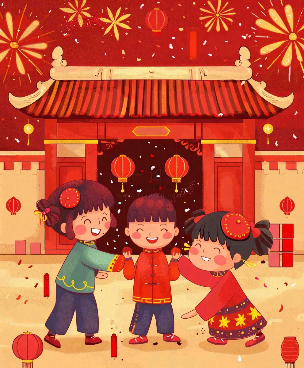新年热闹儿童在家门口放烟花春节喜庆庆祝春节小年除夕夜元宵节卡通插画背景