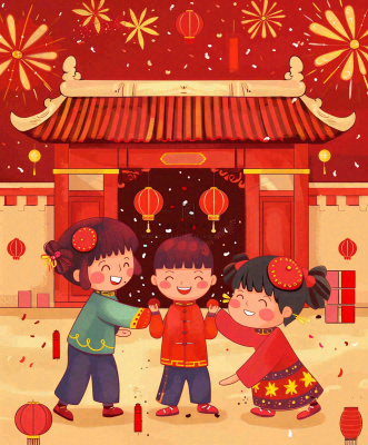 新年热闹儿童在家门口放烟花春节喜庆庆祝春节小年除夕夜元宵节卡通插画背景 新年热闹儿童在家门口放烟花春节喜庆庆祝春节小年除夕夜元宵节卡通插画背景